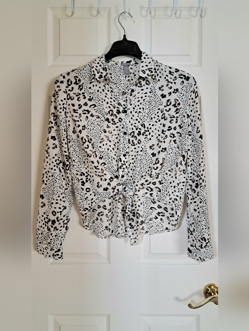 Charlotte Russe White and Black Animal Print Tie-Front Button Down Blouse